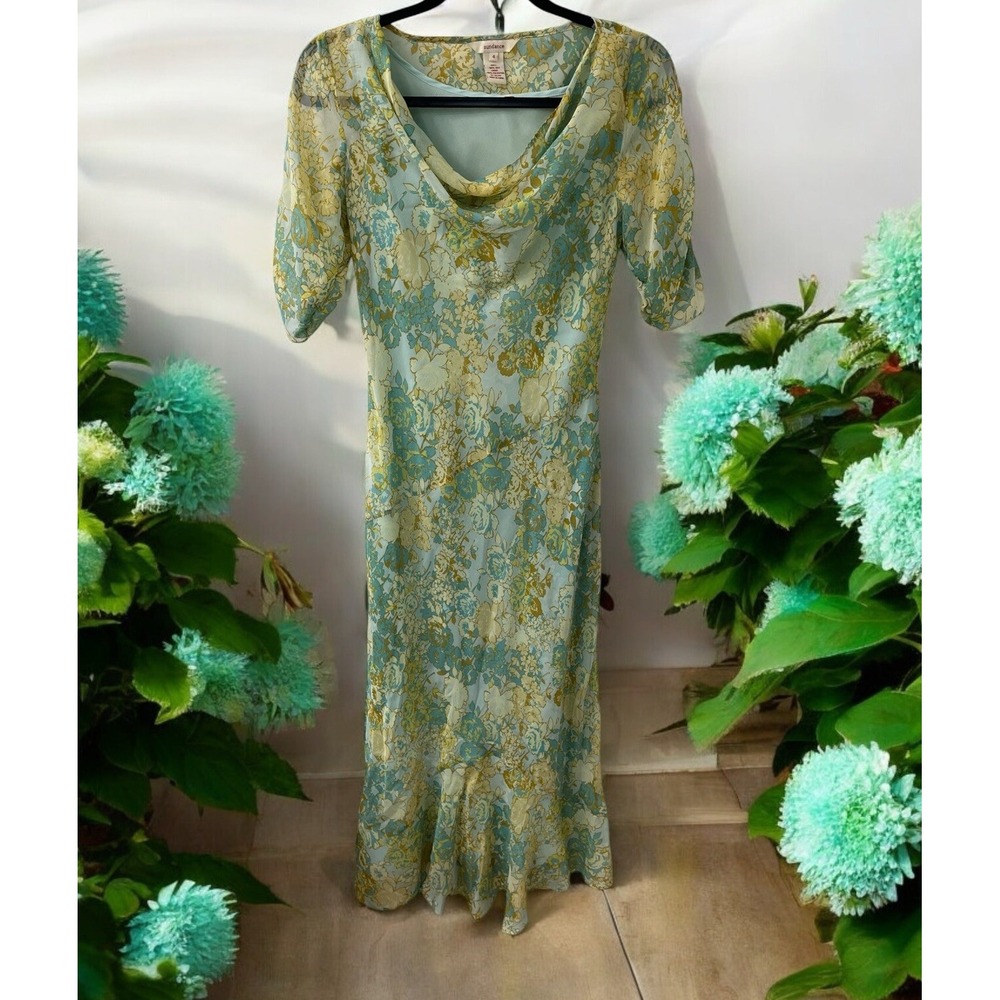 Sundance Floral Long Dress Size 4 short sleeve cowl neck silk lining Light blue